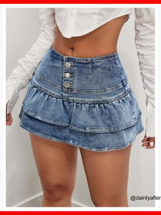 Denim Short Skirt with Ruffle Hem, Button Front, High Waist A-Line Mini - Picture 4 of 5